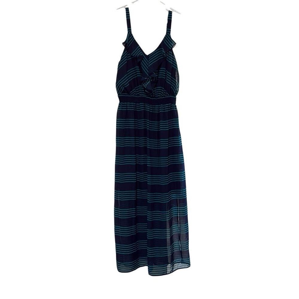 Faded Glory 2X Blue Green‎ Stripe Ruffle Front Ruched Waist Maxi Dress Preppy